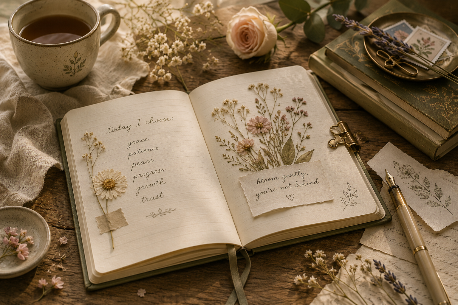 Open journal with a pen and flowers